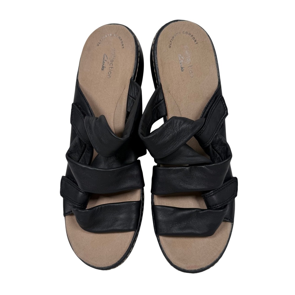 Clarks Collection Delana Jazz Slide Sandals Womens 9 Black Leather Wedge Comfort